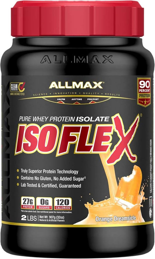 ALLMAX Nutrition ISOFLEX Whey Protein Isolate, Orange Dreamsicle - 2 lb Tub - 27g Protein Per Scoop - Zero Fat & Sugar - 99% Lactose Free - Gluten & Soy Free - 30 Servings