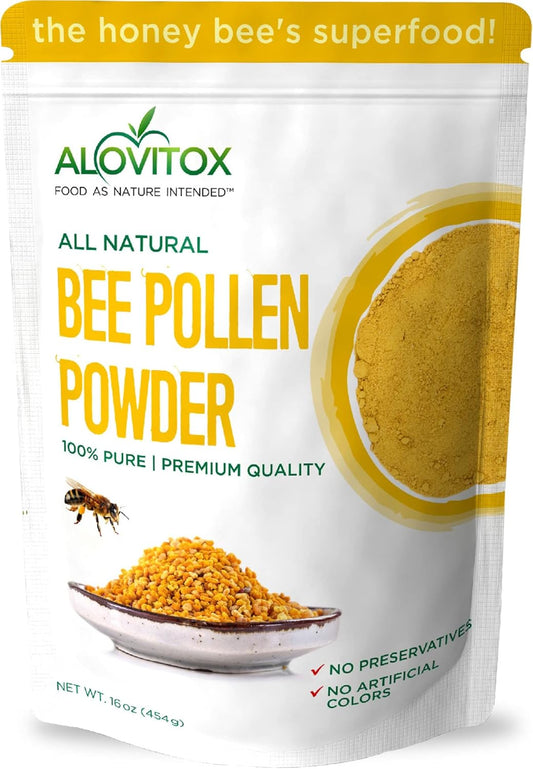 Alovitox Fresh Bee Pollen Powder - 100% Pure Raw Supplement for Immune System Support - Rich in Proteins and Vitamins - Gluten Free, Non-GMO - 16 Oz
