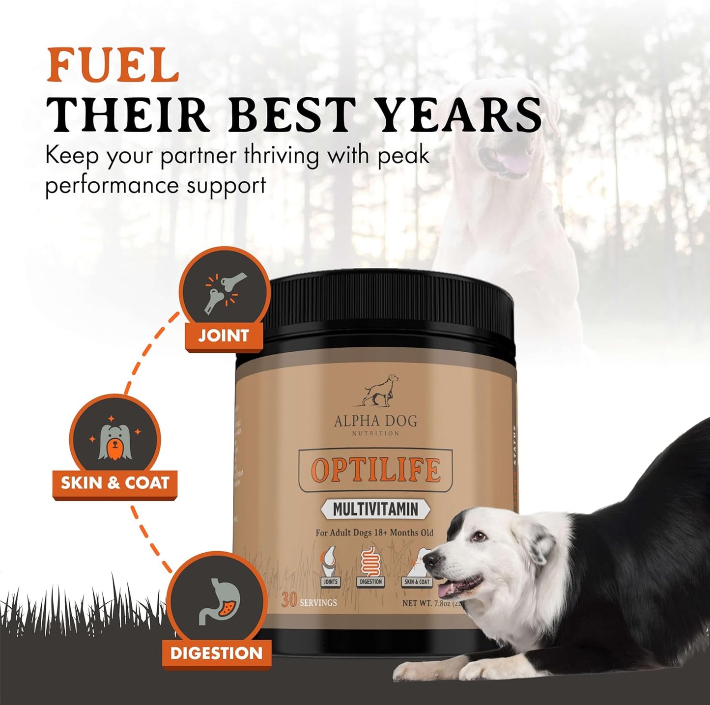Alpha Dog Nutrition OptiLife Multivitamin Powder for Adult Dogs - Probiotics, Allergy, Joint, Skin & Coat Support - Dog Vitamins & Supplements - 30 Servings