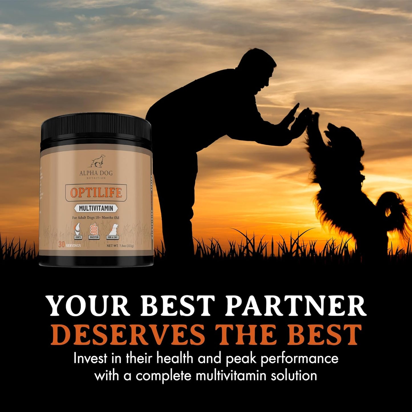 Alpha Dog Nutrition OptiLife Multivitamin Powder for Adult Dogs - Probiotics, Allergy, Joint, Skin & Coat Support - Dog Vitamins & Supplements - 30 Servings