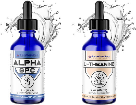 Alpha GPC and L-Theanine Liquid Drops Bundle by FIREWATERSTAR for Health Supplements