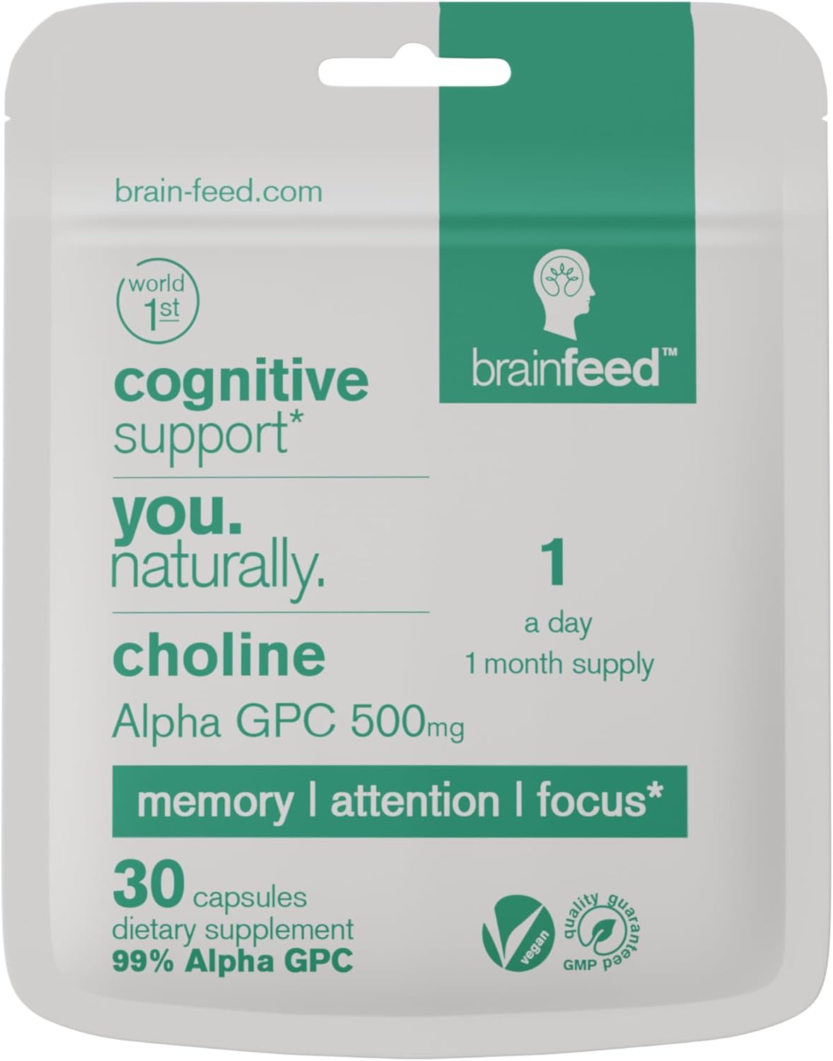 Alpha GPC Brain Supplement Capsules for Memory and Focus | 30 Day Supply | Nootropic Acetylcholine Precursor | Lab-Tested Brain Feed