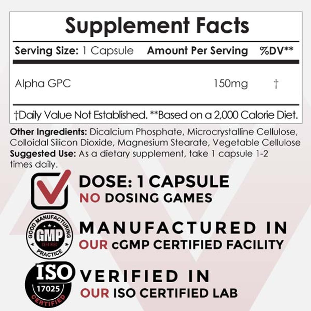 Alpha GPC Capsules 150mg | 60 Count | Choline Brain Health Supplement | Supports Cognitive Function, Memory, Focus