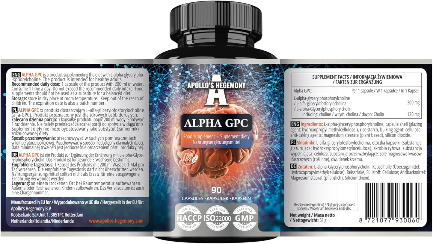 Alpha-GPC Choline Capsules - 600mg per Daily Dose - 90 Vegan Capsules - Memory and Concentration Supplement