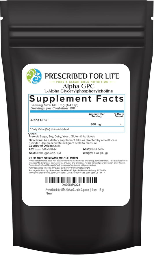 Alpha GPC Powder - Choline Supplement for Cognitive Function & Memory Support - Non GMO, Vegan, Soy Free - 4oz / 113g