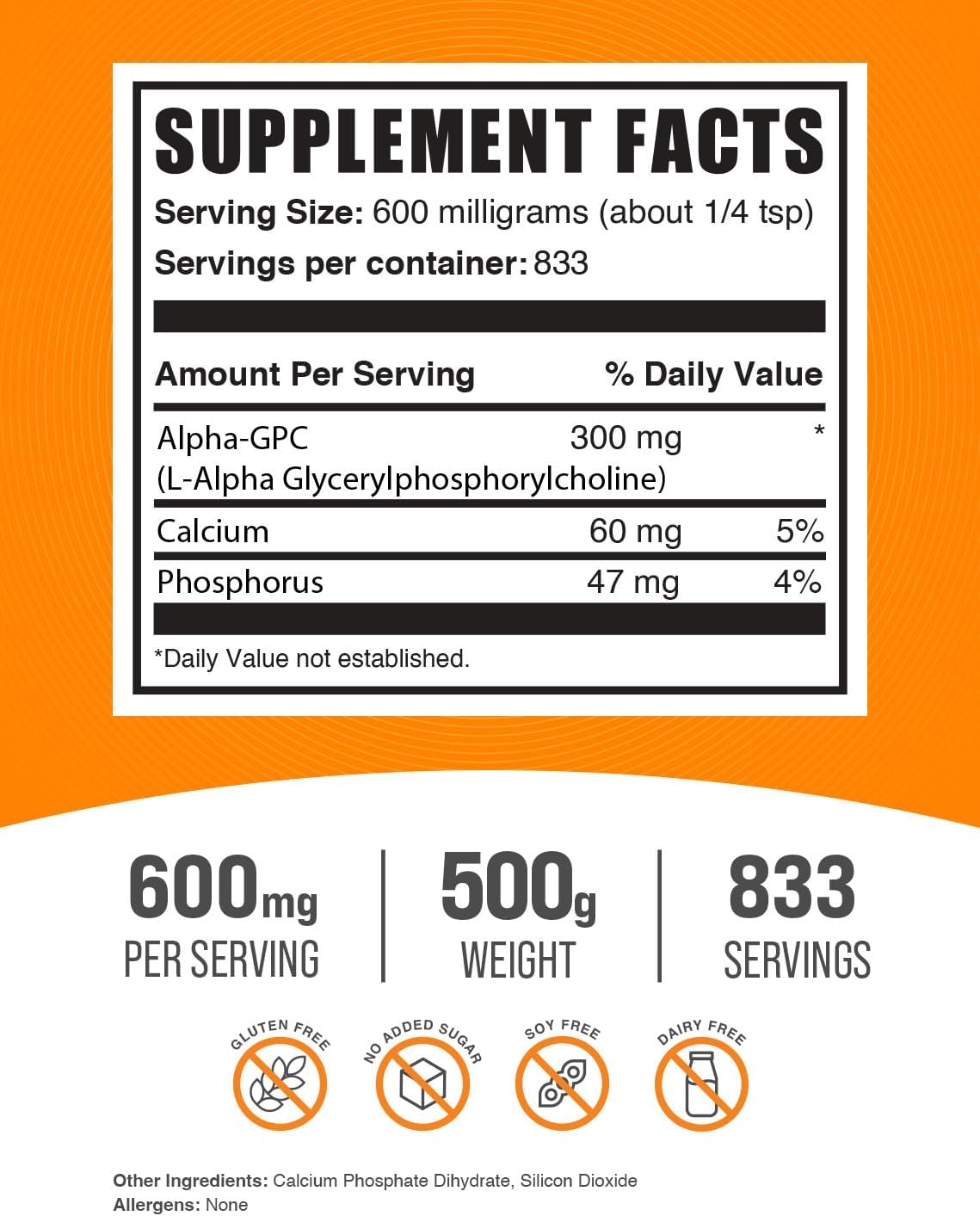 Alpha GPC Powder 500g (1.1 lbs) - Choline Supplements, 300mg Alpha GPC, Acetylcholine Support - Gluten Free, Unflavored, 600mg per Serving