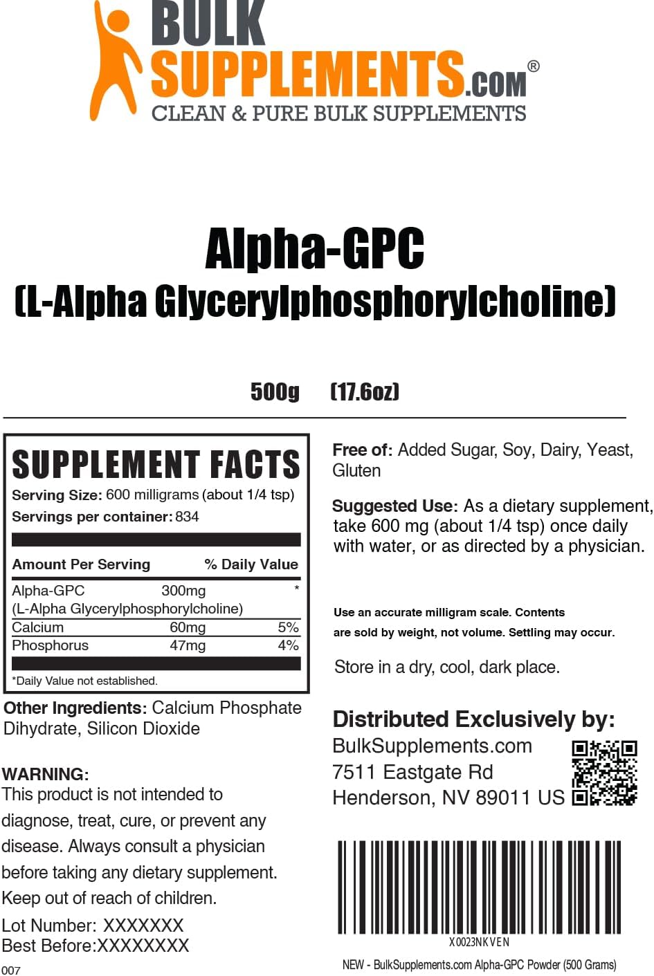 Alpha GPC Powder 500g (1.1 lbs) - Choline Supplements, 300mg Alpha GPC, Acetylcholine Support - Gluten Free, Unflavored, 600mg per Serving