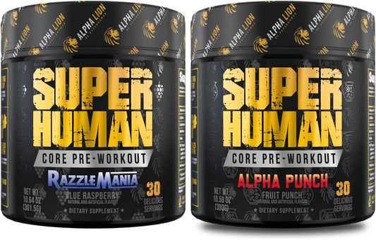 ALPHA LION Core Pre Workout Powder Bundle - Pump & Sustained Energy, Fruit Punch & Blue Raspberry Flavor (30 Servings)