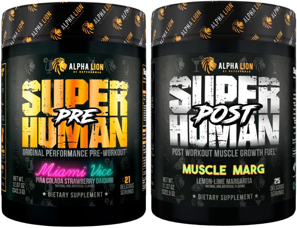 Alpha Lion Pre & Post Workout Bundle - Sustained Energy, Focus, Lean Muscle Growth, Strength, Volume - Miami Vice & Muscle Margarita Flavors