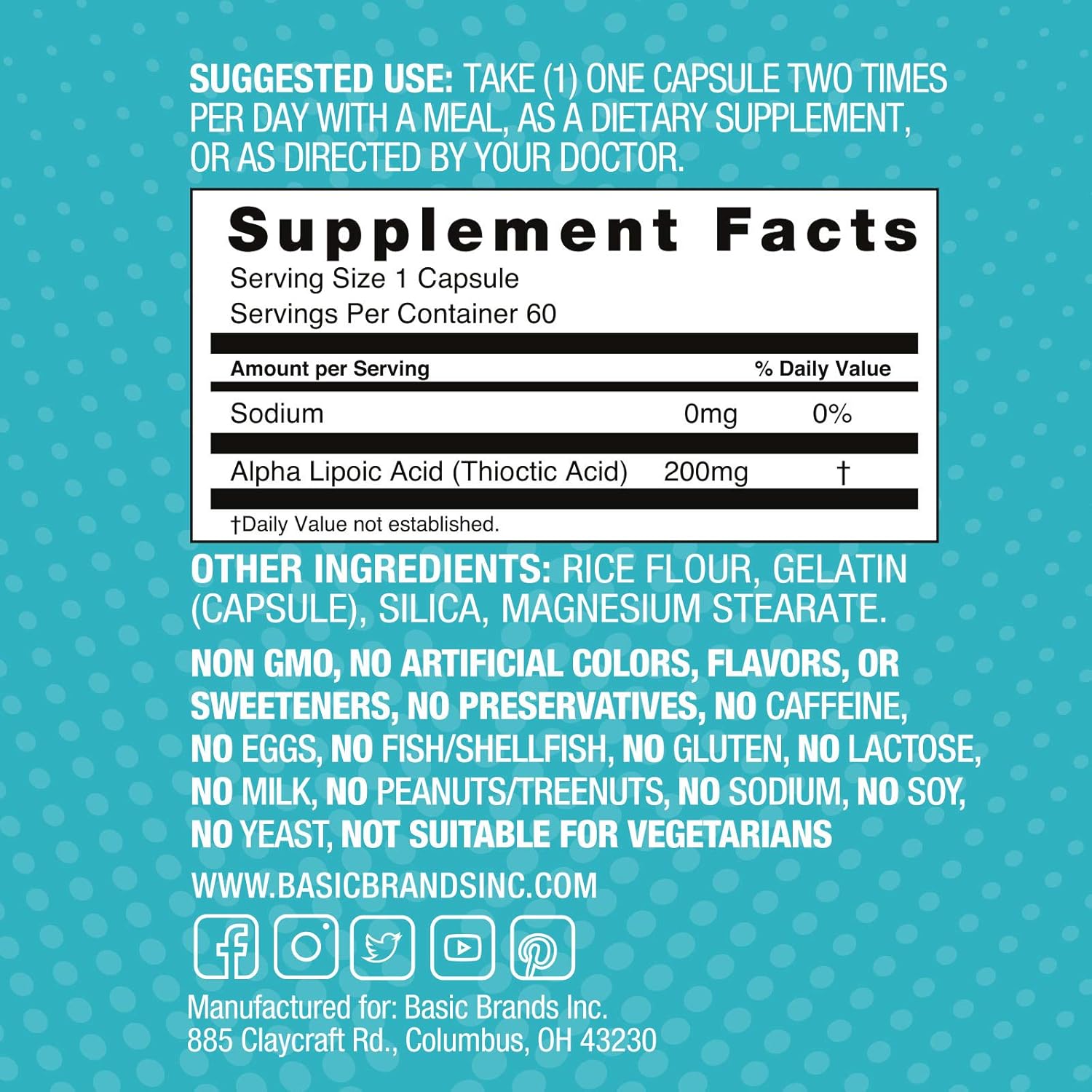 Alpha Lipoic Acid 200mg Capsules - Antioxidant Supplement for Nerve Function & Metabolism - 2-Pack of 60 Capsules