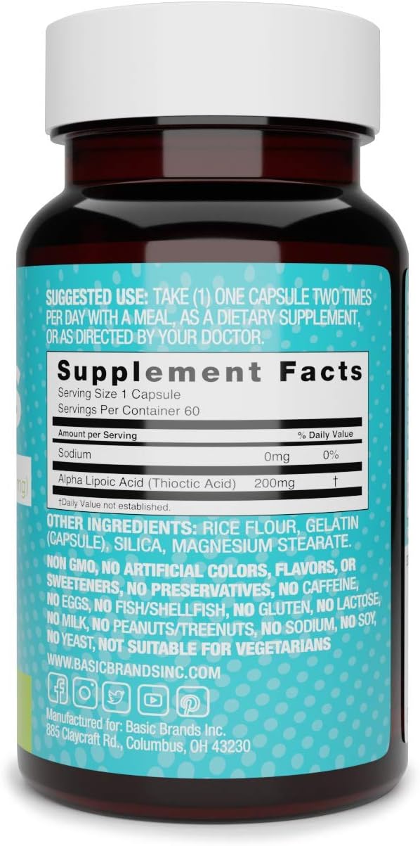 Alpha Lipoic Acid 200mg Capsules - Antioxidant Supplement for Nerve Function & Metabolism - 2-Pack of 60 Capsules