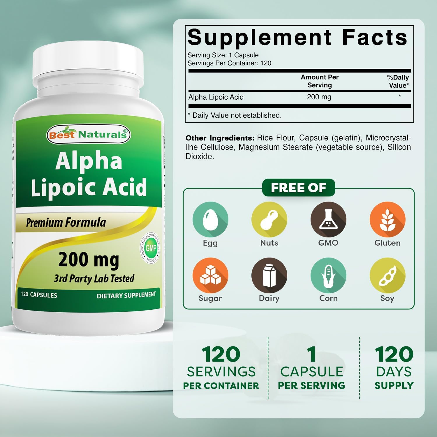 Alpha Lipoic Acid 200mg Capsules - Pack of 360 - Best Naturals Supplement for Antioxidant Support