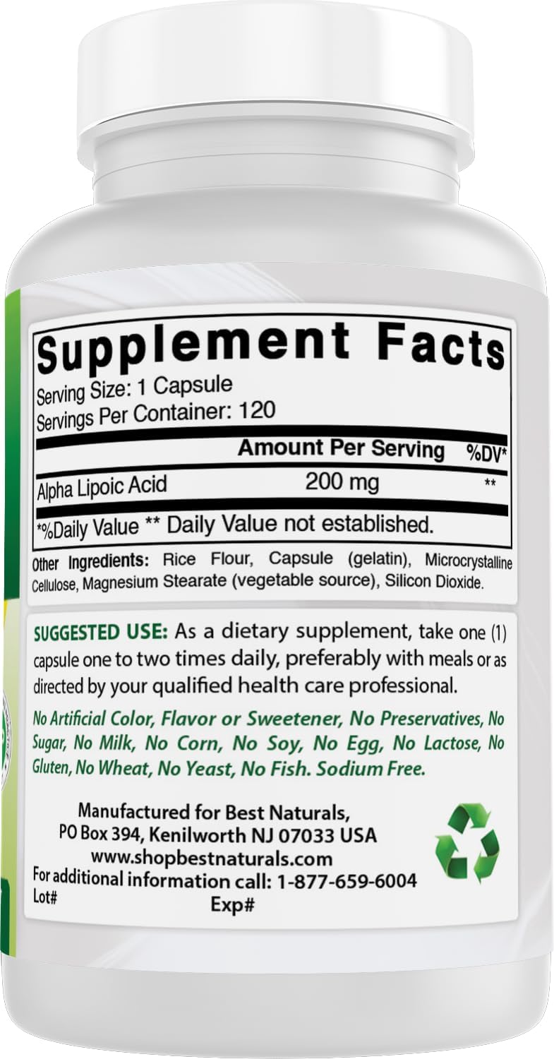 Alpha Lipoic Acid 200mg Capsules - Pack of 360 - Best Naturals Supplement for Antioxidant Support