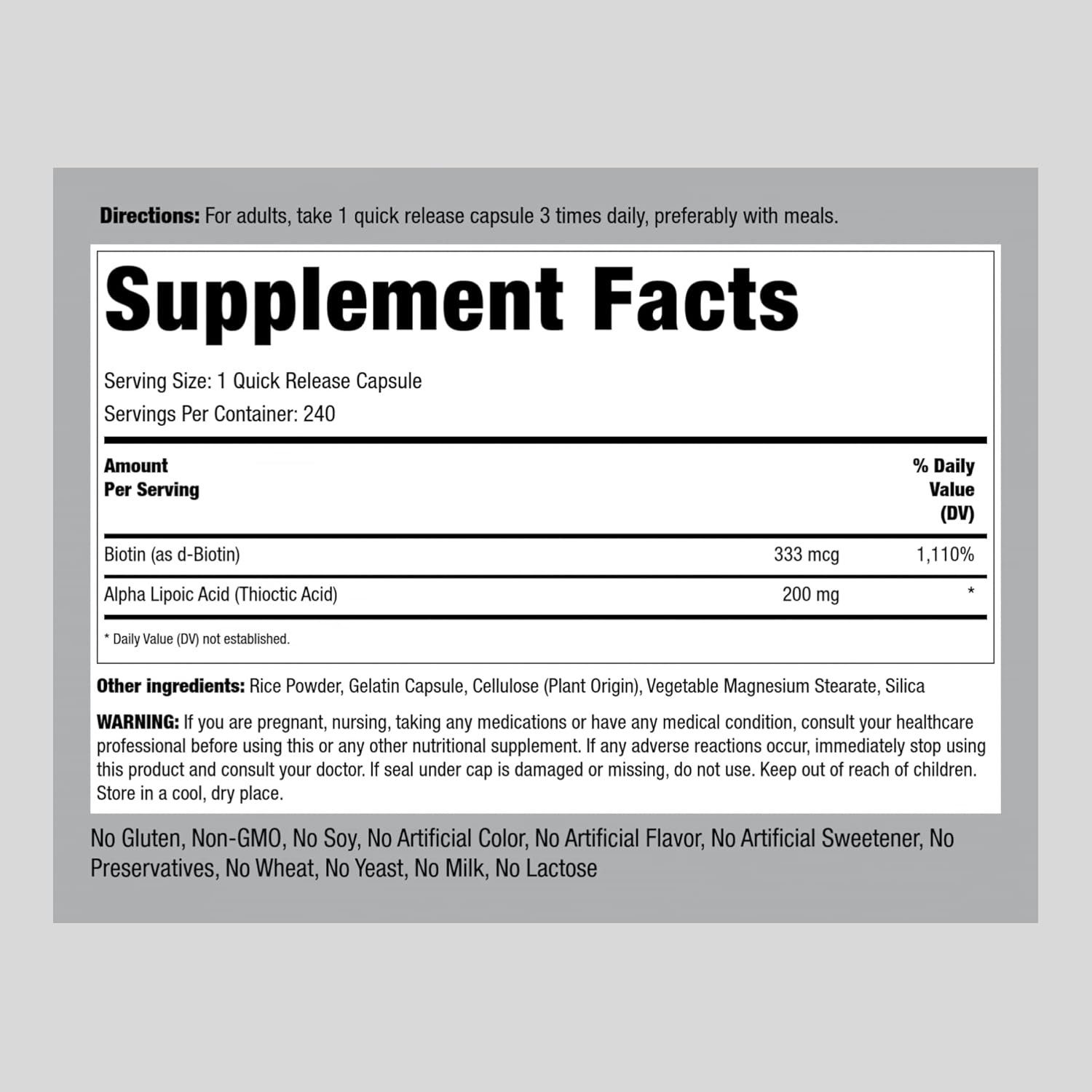 Alpha Lipoic Acid 200mg Capsules with Biotin | 240 Count | Non-GMO, Gluten Free