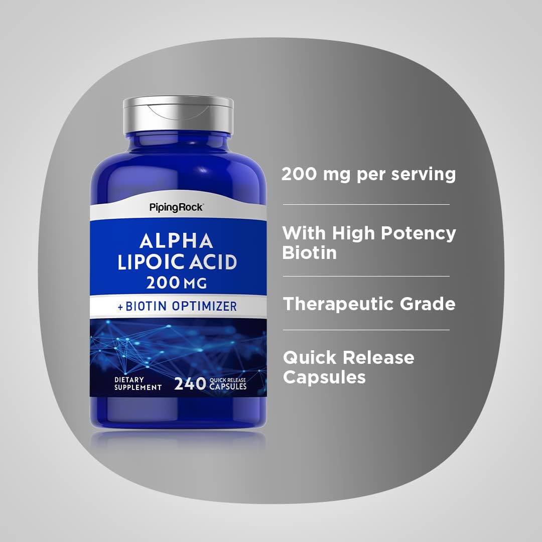 Alpha Lipoic Acid 200mg Capsules with Biotin | 240 Count | Non-GMO, Gluten Free