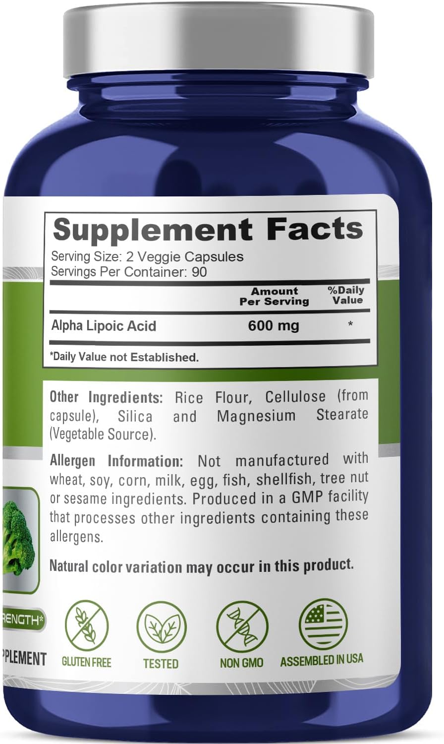 Alpha Lipoic Acid 600mg - 180 Veggie Capsules - Vegetarian, Non-GMO, Gluten-Free - NusaPure