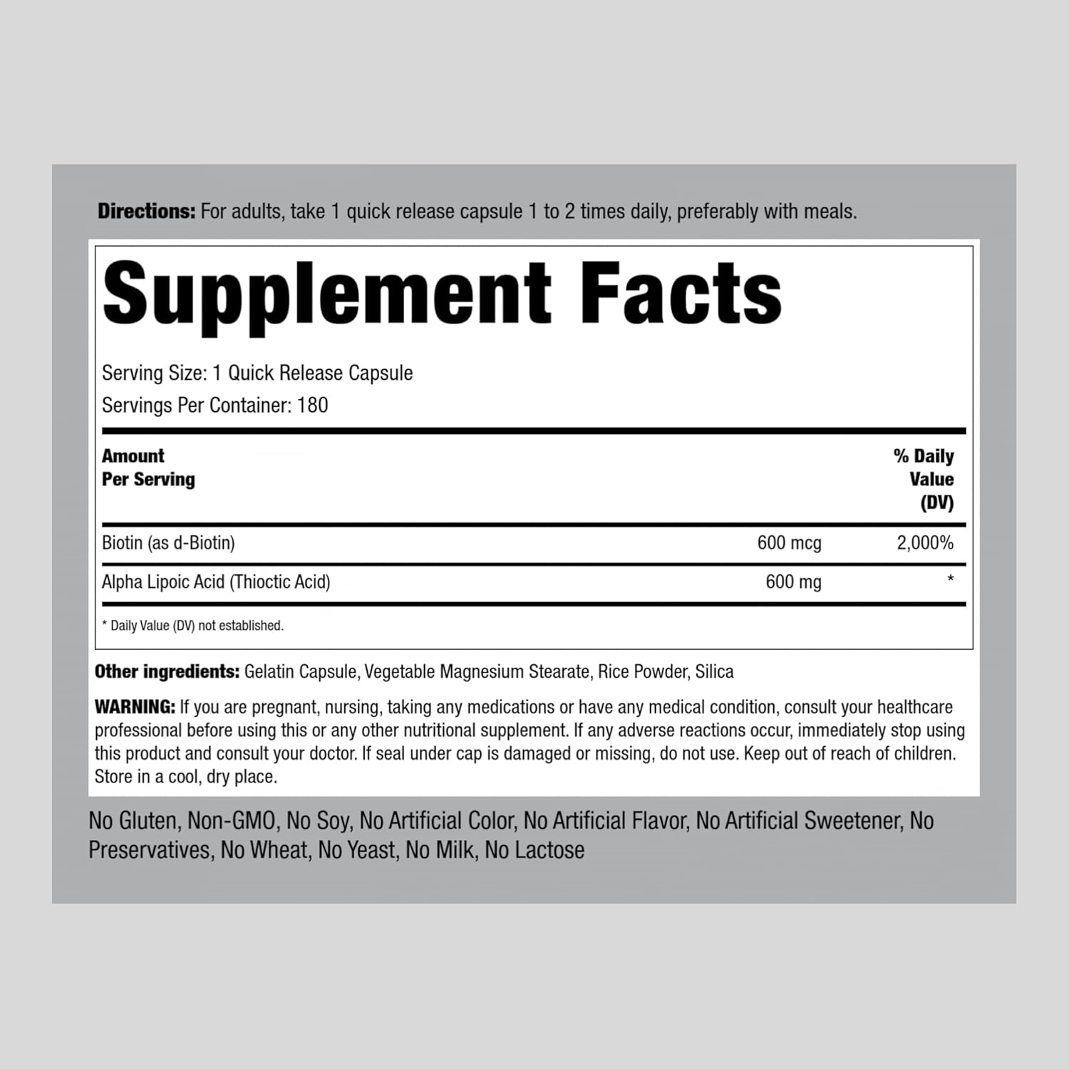 Alpha Lipoic Acid 600mg Capsules with Biotin Optimizer - Non-GMO & Gluten Free Supplement - 180 Count