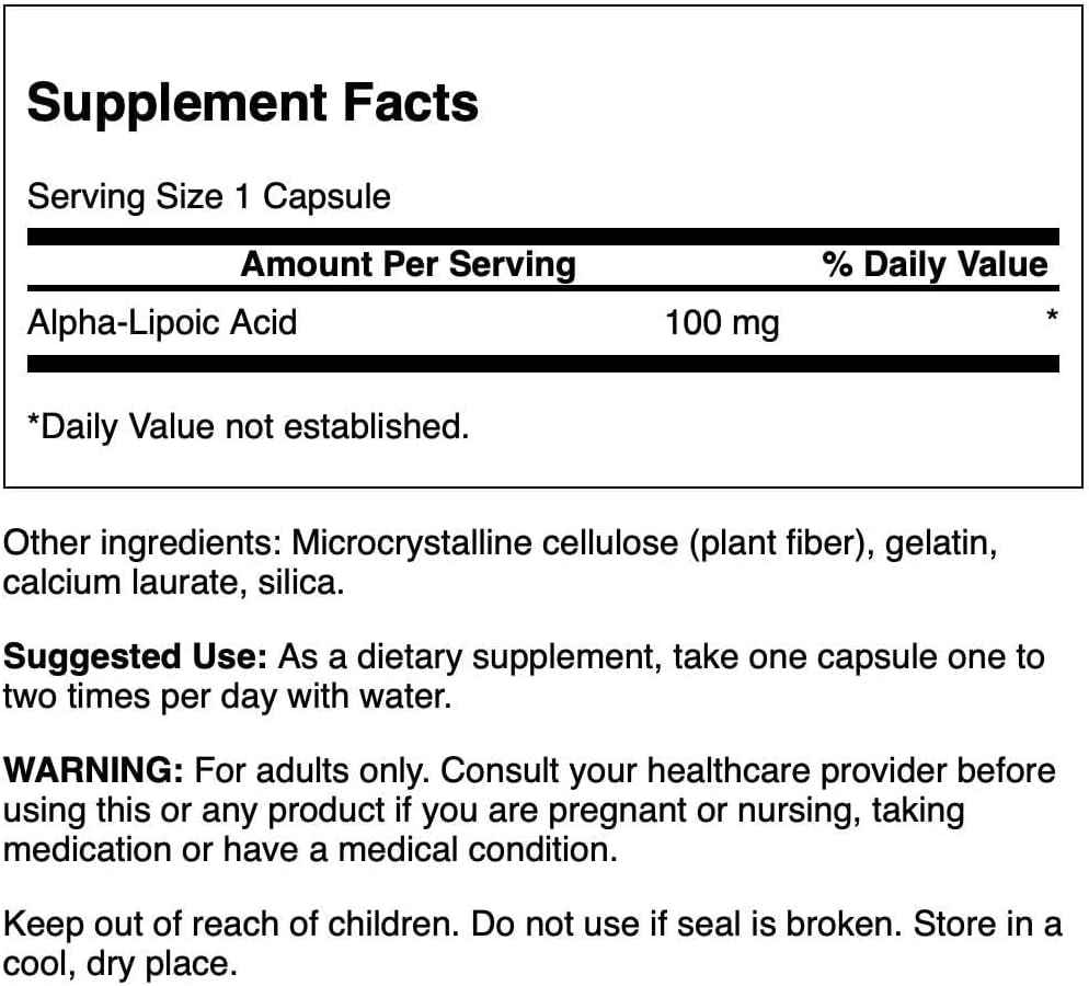 Alpha Lipoic Acid Capsules for Healthy Blood Pressure & Carbohydrate Metabolism - 120 Caps, 100mg - Natural Supplement