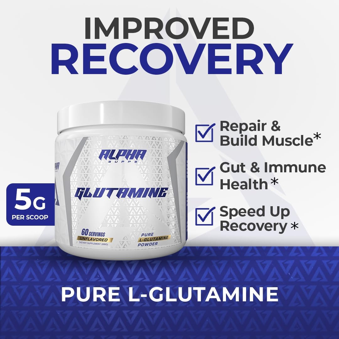 Alpha Supps Unflavored L-Glutamine Powder - 300g Amino Acid Supplement for Muscle Recovery, Gut & Immune Support - 60 Servings