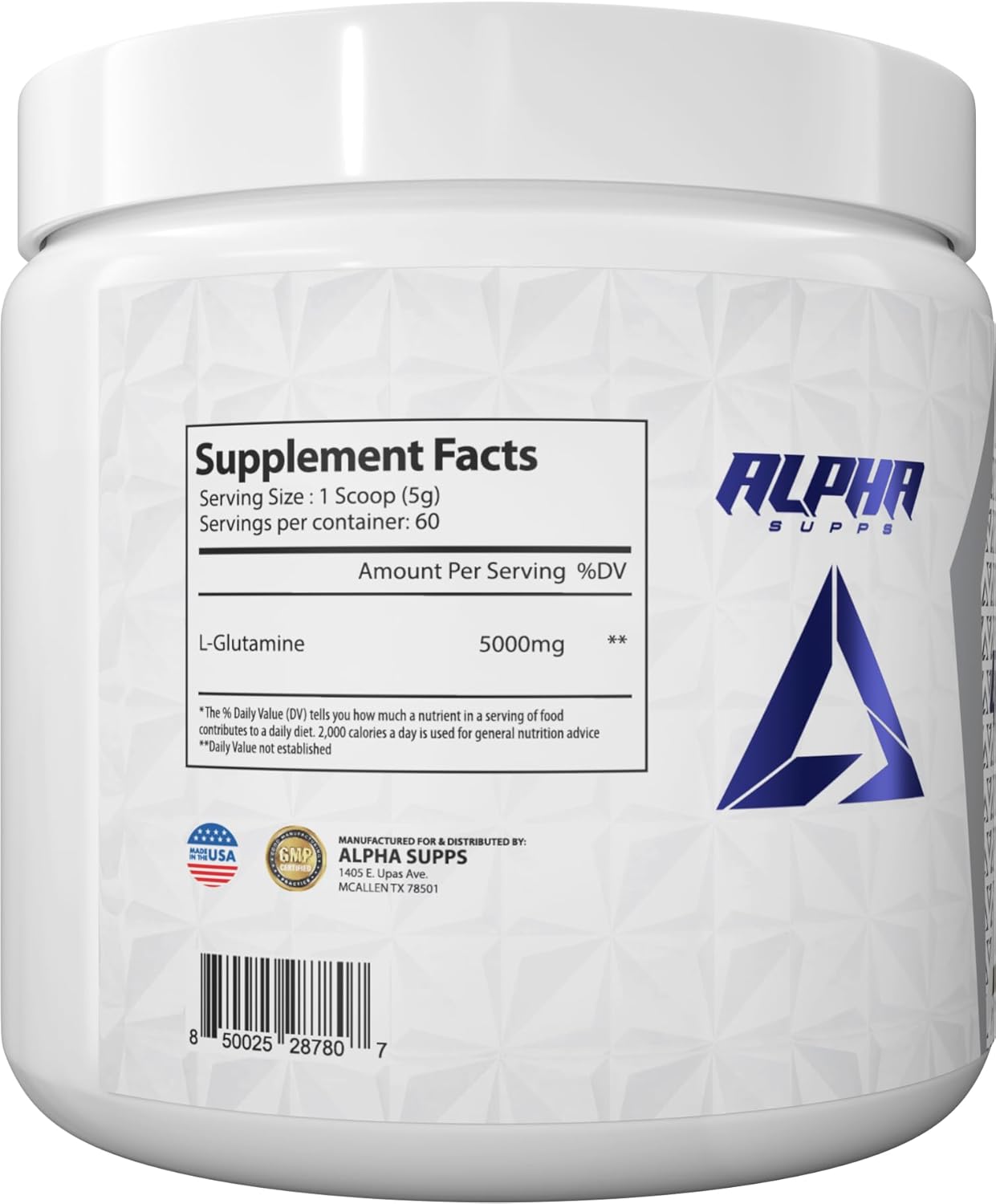 Alpha Supps Unflavored L-Glutamine Powder - 300g Amino Acid Supplement for Muscle Recovery, Gut & Immune Support - 60 Servings