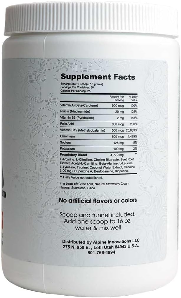 Alpine Innovations Body Fuel Focus + Energy Supplement - Strawberry Cream Flavor, 30 Scoop Tub for Enhanced Focus and Energy