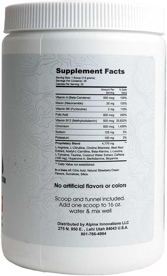 Alpine Innovations Body Fuel Focus + Energy Supplement - Strawberry Cream Flavor, 30 Scoop Tub for Enhanced Focus and Energy