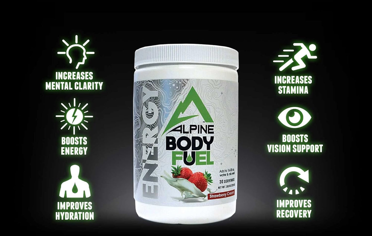 Alpine Innovations Body Fuel Focus + Energy Supplement - Strawberry Cream Flavor, 30 Scoop Tub for Enhanced Focus and Energy