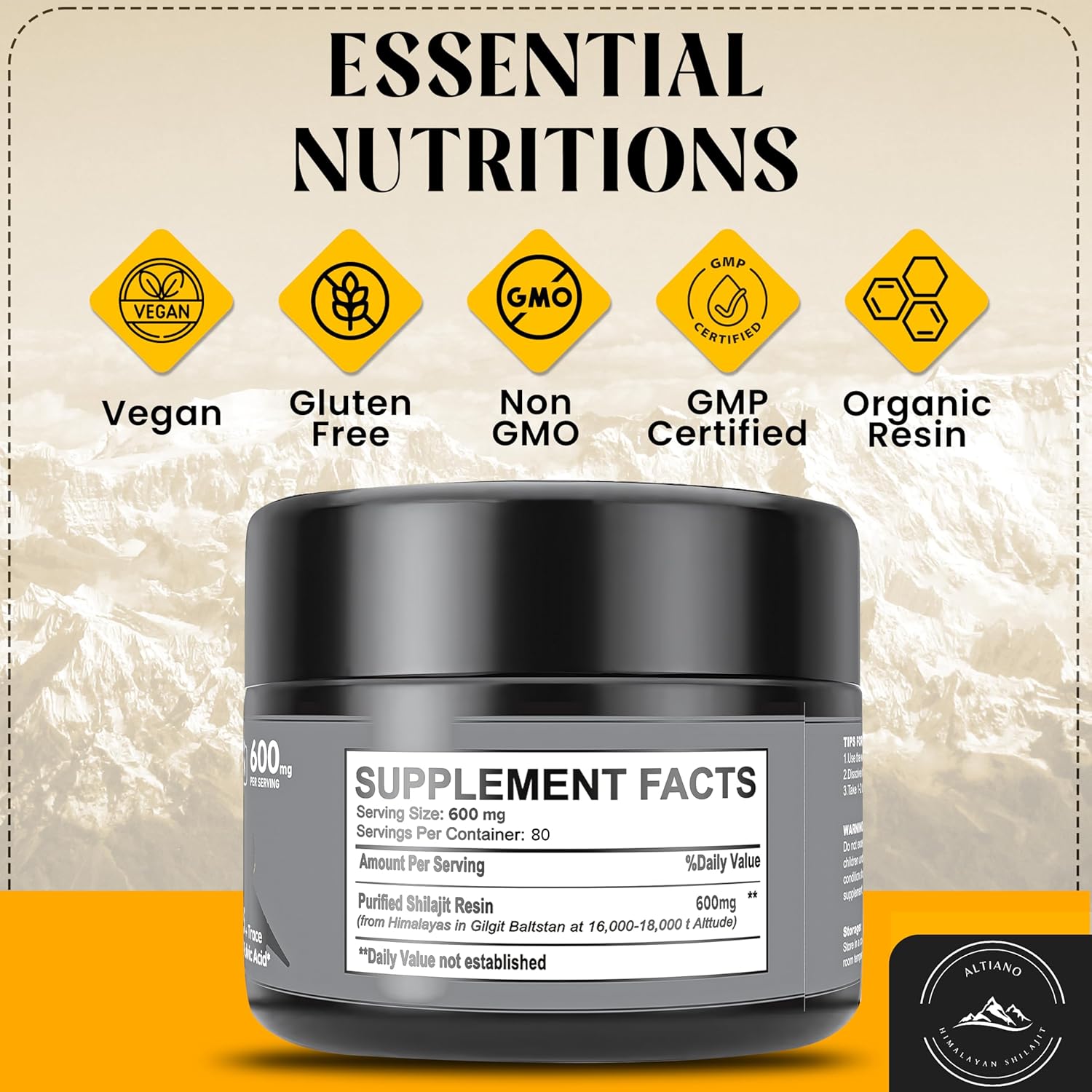 Altiano Shilajit Gold Grade Resin - 100% Pure Himalayan Shilajit with Fulvic Acid & 85+ Trace Minerals for Energy & Immune Support, 50g (3 Months Supply)