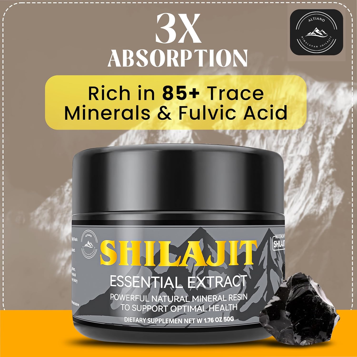 Altiano Shilajit Gold Grade Resin - 100% Pure Himalayan Shilajit with Fulvic Acid & 85+ Trace Minerals for Energy & Immune Support, 50g (3 Months Supply)