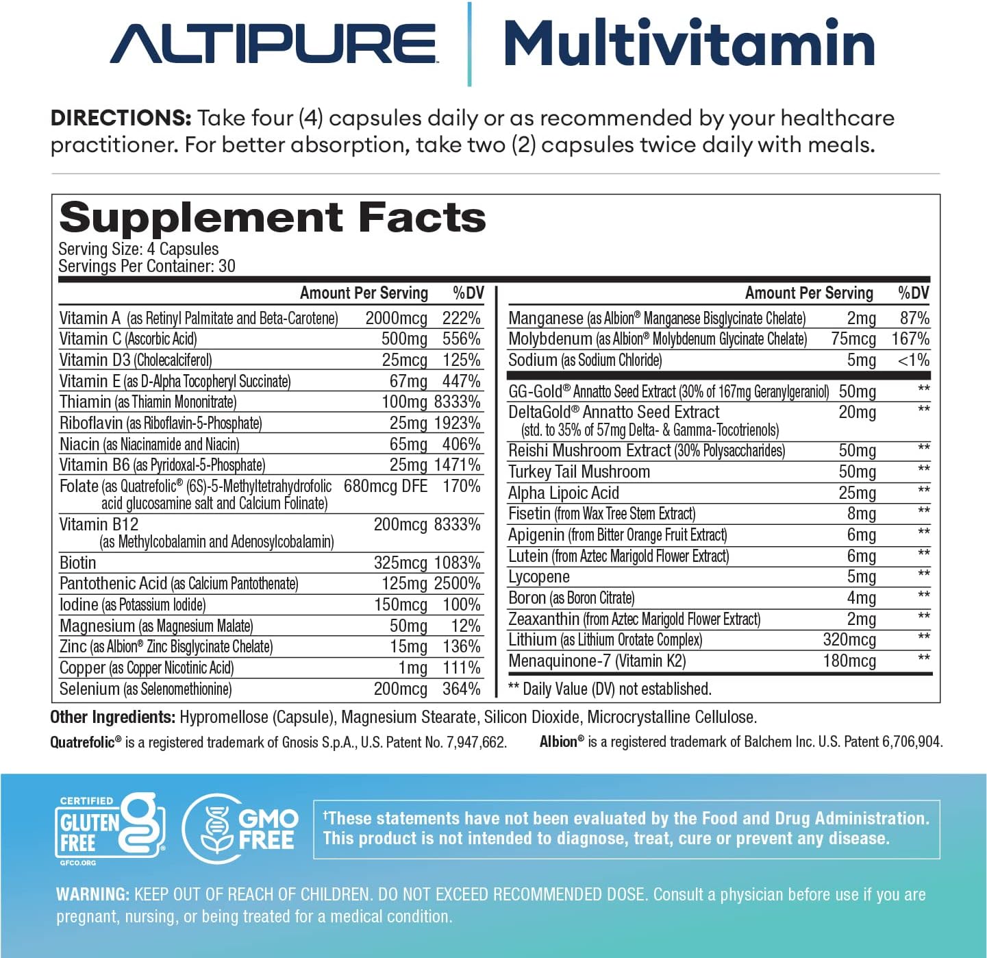 ALTIPURE™ Complete Multivitamin - Gluten-Free, Dairy-Free, Supports Heart, Bone, Eye, Brain Health & Immune Function - 120 Capsules