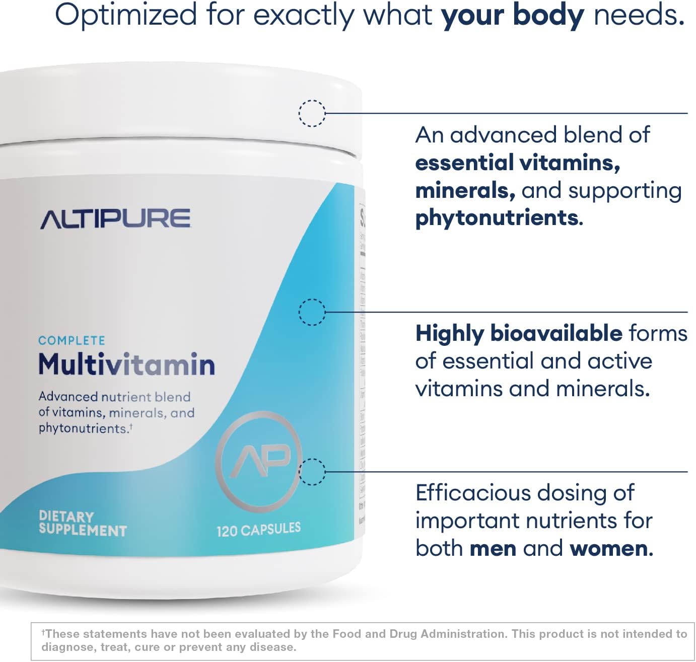 ALTIPURE™ Complete Multivitamin - Gluten-Free, Dairy-Free, Supports Heart, Bone, Eye, Brain Health & Immune Function - 120 Capsules