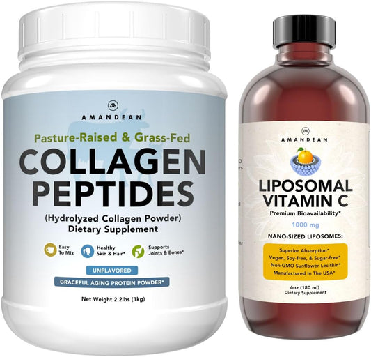 AMANDEAN Premium Liposomal Vitamin C & Grass-Fed Collagen Peptides Bundle - Immune Support & Healthy Skin, Hair, & Nails