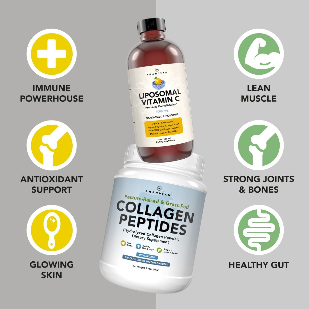 AMANDEAN Premium Liposomal Vitamin C & Grass-Fed Collagen Peptides Bundle - Immune Support & Healthy Skin, Hair, & Nails