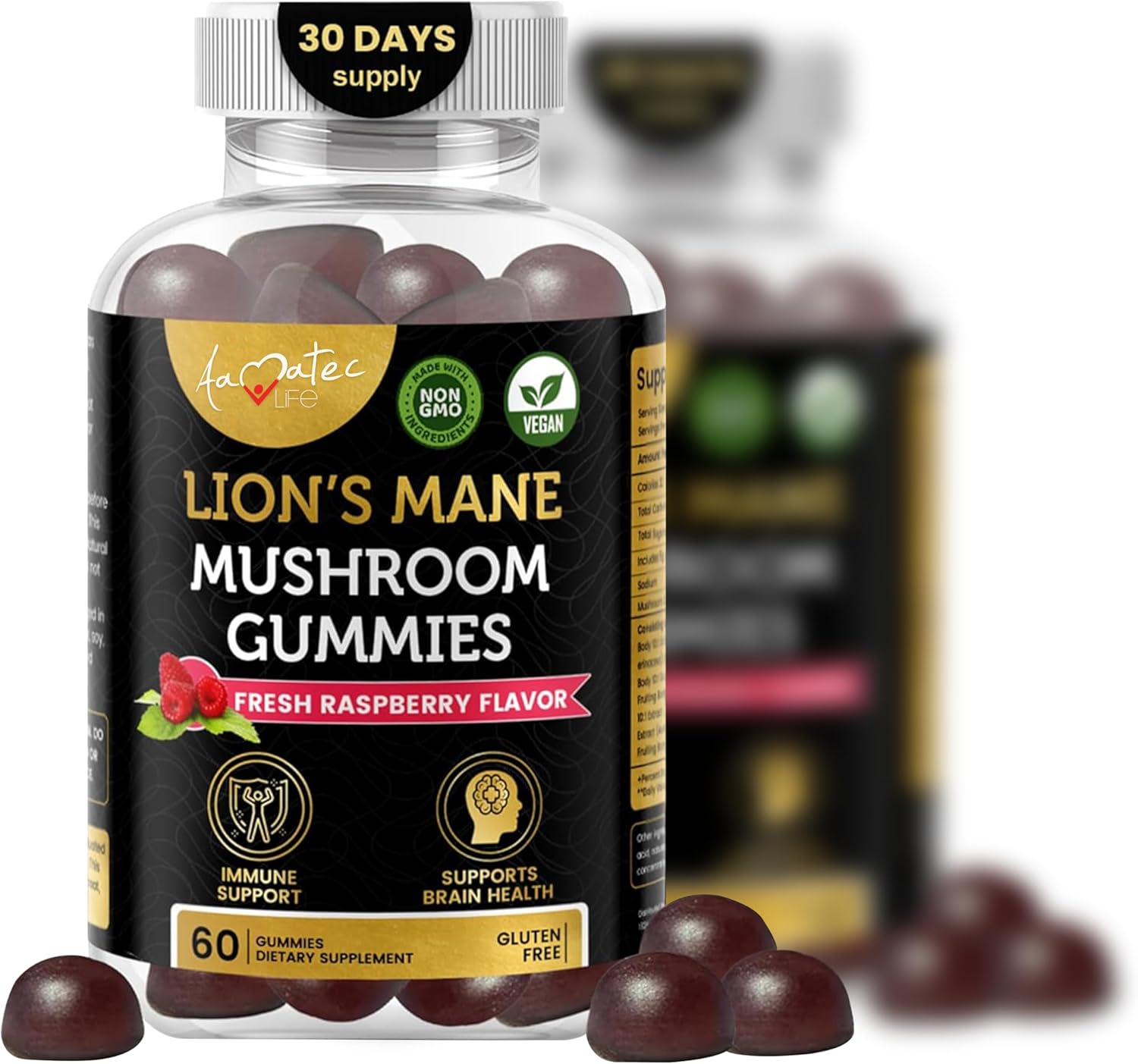 Amate Life Mushroom Gummies for Adults | 10 Mushroom Complex with Lions Mane, Reishi, Chaga & Cordyceps | Supports Brain, Immune System & Energy | Raspberry Flavor