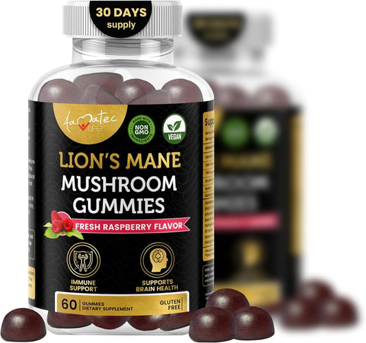 Amate Life Mushroom Gummies for Adults | 10 Mushroom Complex with Lions Mane, Reishi, Chaga & Cordyceps | Supports Brain, Immune System & Energy | Raspberry Flavor