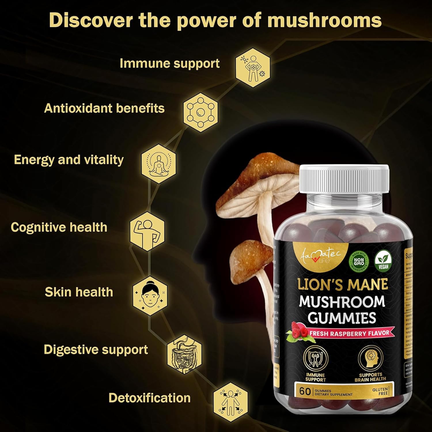 Amate Life Mushroom Gummies for Adults | 10 Mushroom Complex with Lions Mane, Reishi, Chaga & Cordyceps | Supports Brain, Immune System & Energy | Raspberry Flavor