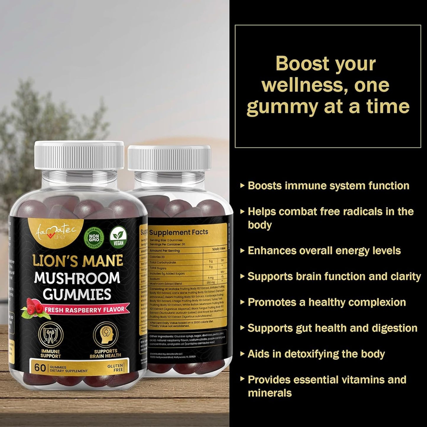 Amate Life Mushroom Gummies for Adults | 10 Mushroom Complex with Lions Mane, Reishi, Chaga & Cordyceps | Supports Brain, Immune System & Energy | Raspberry Flavor