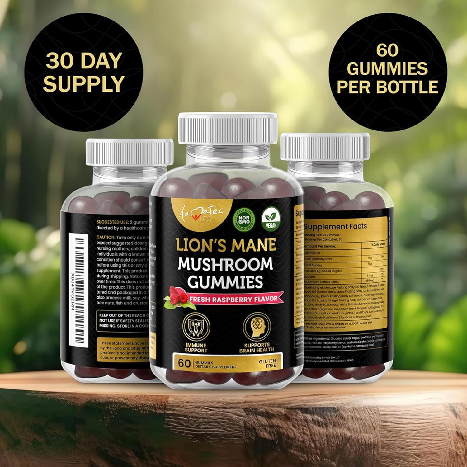 Amate Life Mushroom Gummies for Adults | 10 Mushroom Complex with Lions Mane, Reishi, Chaga & Cordyceps | Supports Brain, Immune System & Energy | Raspberry Flavor