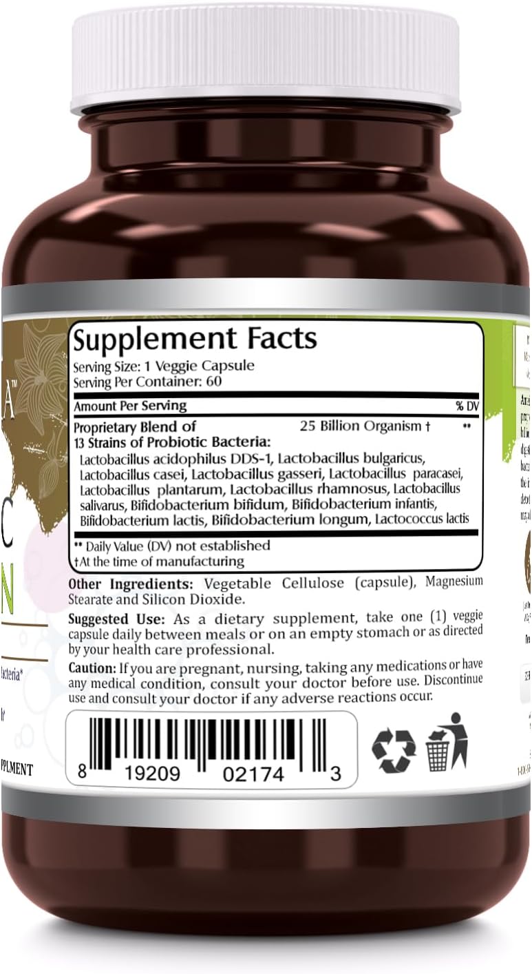 Amazing Flora Probiotic 13 with 25 Billion CFU - 60 Veggie Capsules | Non-GMO, Gluten Free, Vegetarian | USA Made