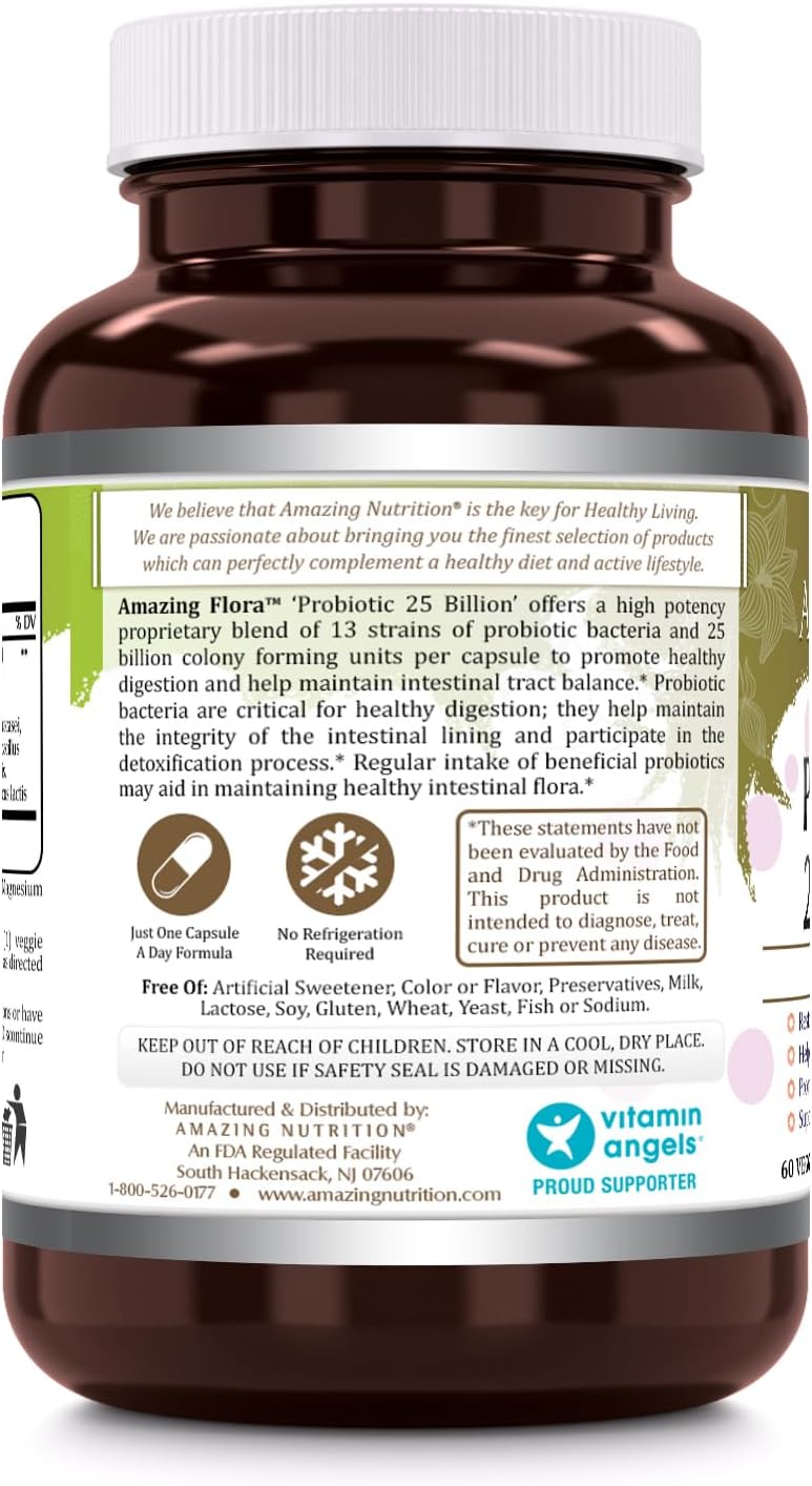 Amazing Flora Probiotic 13 with 25 Billion CFU - 60 Veggie Capsules | Non-GMO, Gluten Free, Vegetarian | USA Made