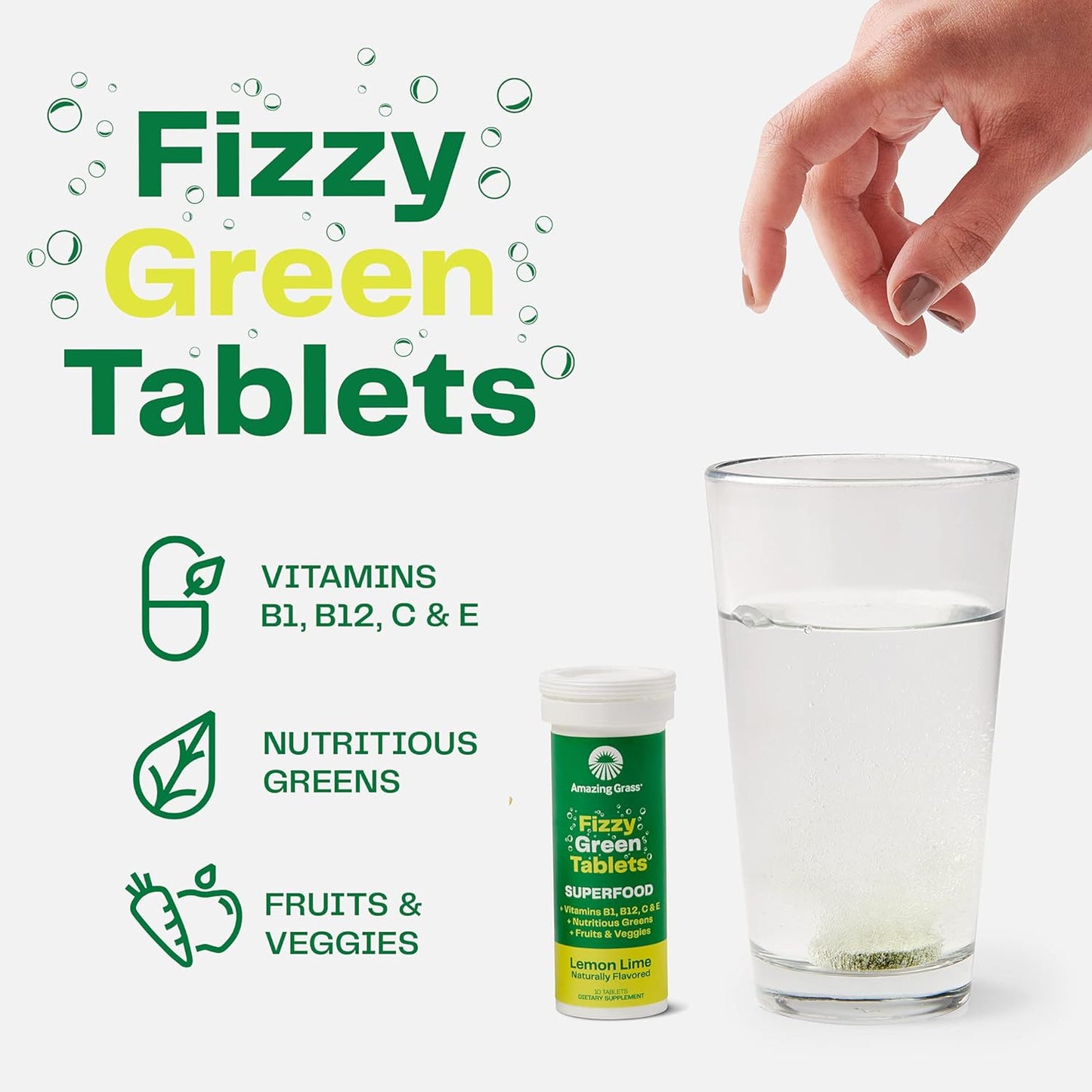 Amazing Grass Fizzy Green Tablets Lemon Lime 60 Count: Antioxidant & Alkalizing Greens Water Flavoring Tablet