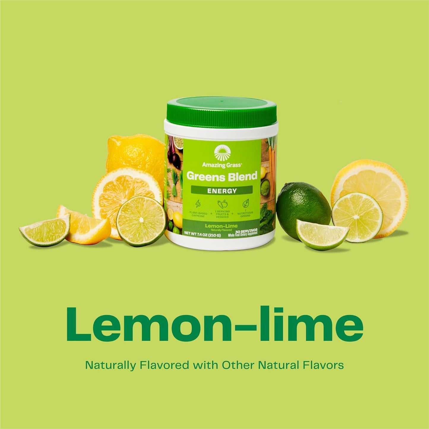 Amazing Grass Greens Blend Energy: Super Greens Smoothie Mix with Plant Based Caffeine, Matcha Green Tea, Beet Root Powder - Lemon Lime Flavor, 60 Servings