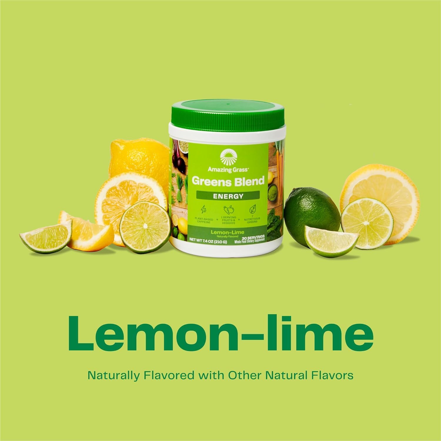 Amazing Grass Greens Blend Energy: Super Greens Smoothie Mix with Plant Based Caffeine, Matcha Green Tea, Beet Root Powder - Lemon Lime Flavor, 60 Servings