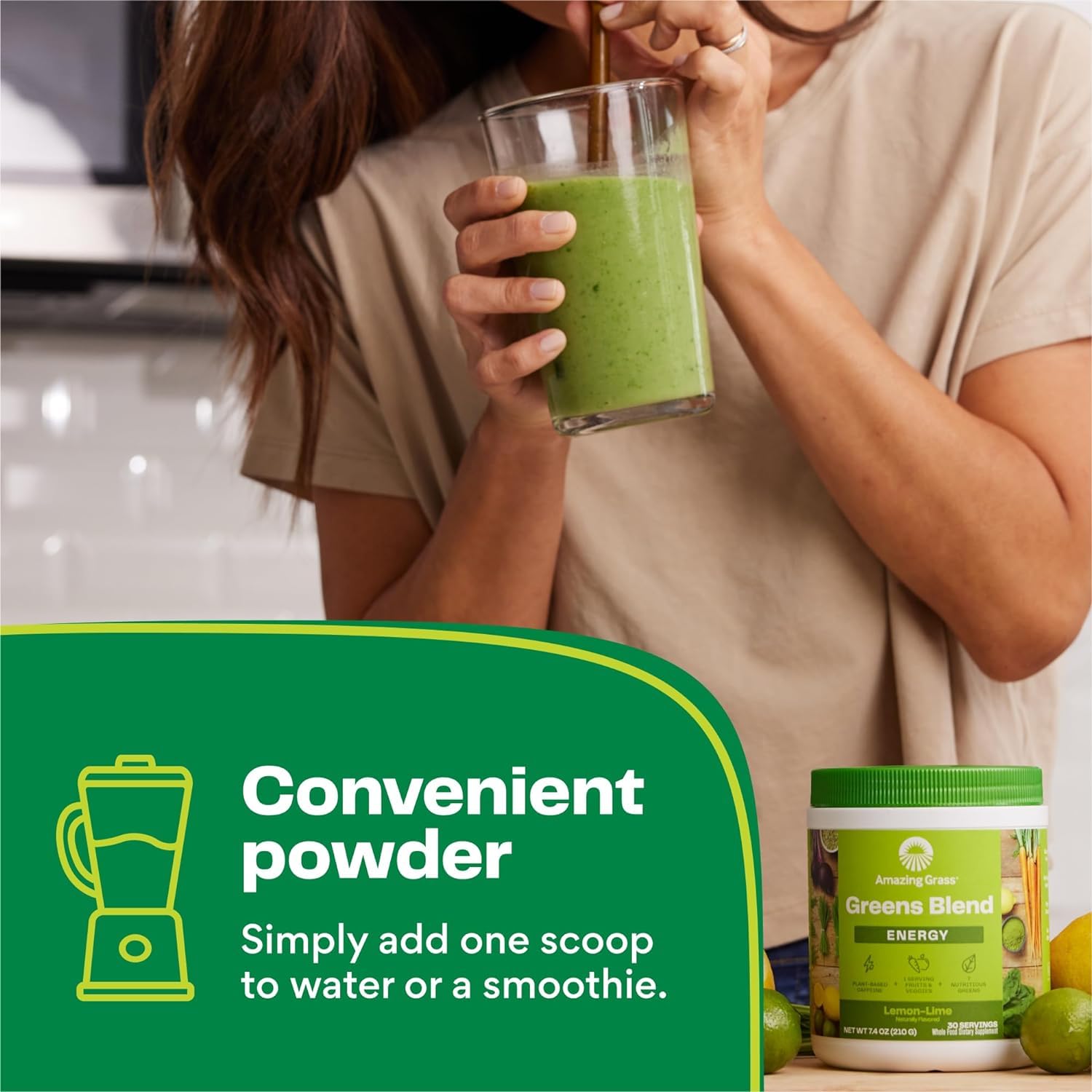 Amazing Grass Greens Blend Energy: Super Greens Smoothie Mix with Plant Based Caffeine, Matcha Green Tea, Beet Root Powder - Lemon Lime Flavor, 60 Servings