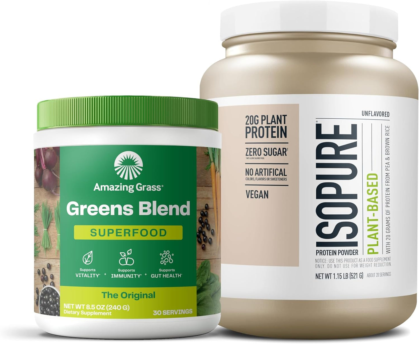 Amazing Grass Greens Superfood Powder & Isopure Vegan Protein Bundle: Original, 30 Servings + Unflavored, Organic Pea Protein, Dairy Free - 20 Servings