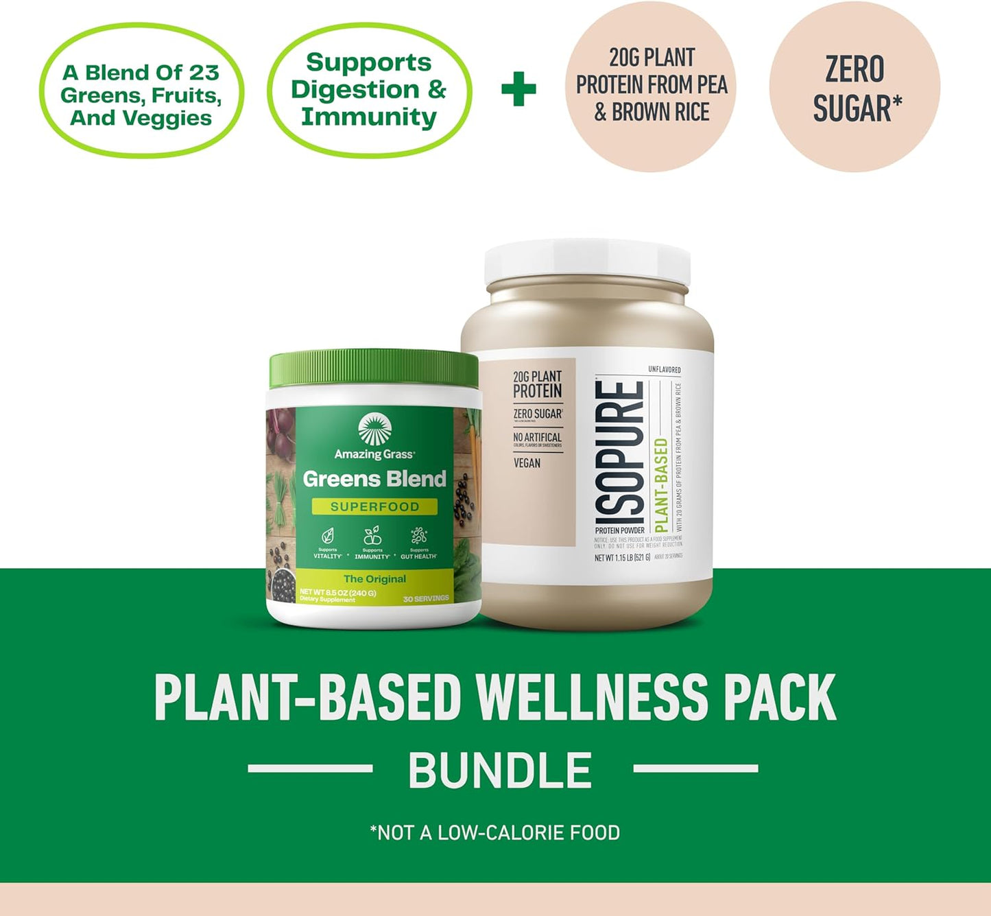 Amazing Grass Greens Superfood Powder & Isopure Vegan Protein Bundle: Original, 30 Servings + Unflavored, Organic Pea Protein, Dairy Free - 20 Servings