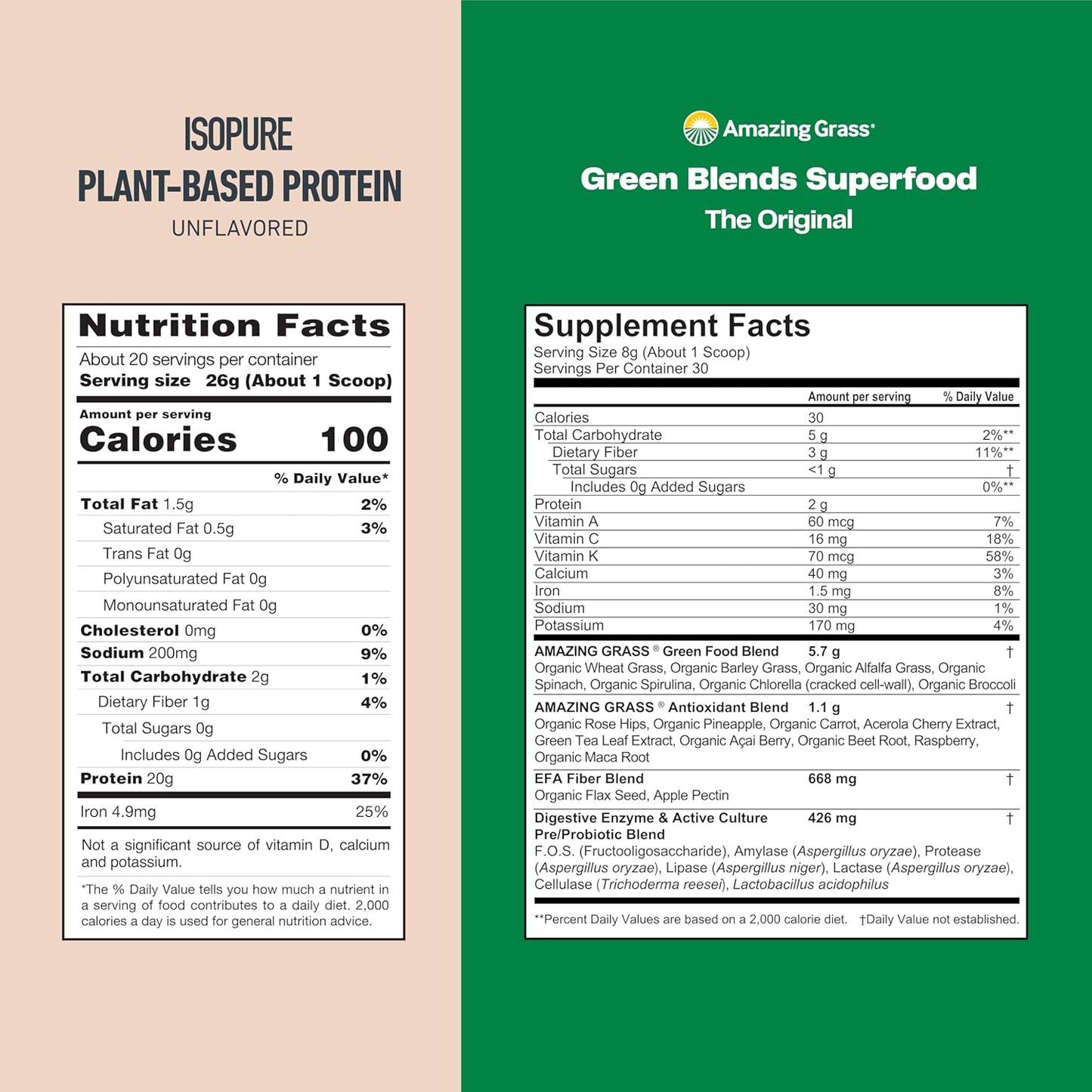 Amazing Grass Greens Superfood Powder & Isopure Vegan Protein Bundle: Original, 30 Servings + Unflavored, Organic Pea Protein, Dairy Free - 20 Servings
