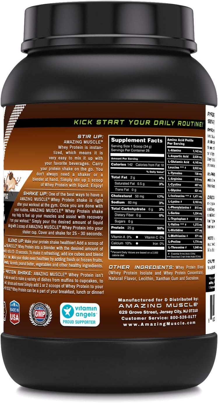 Amazing Muscle Whey Protein Isolate & Concentrate Powder - Coffee Flavor - 25g per Serving - 2 LB (0.90 Kg) - Non-GMO & Gluten-Free