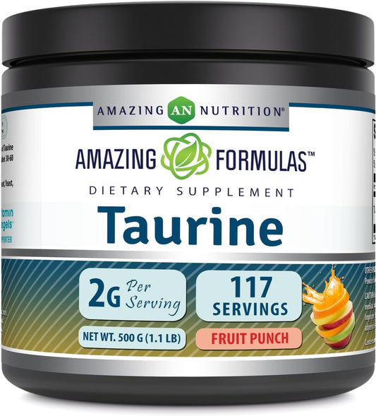 Amazing Nutrition Amazing Formulas Taurine Powder Supplement - 500 Grams (1.1 Lb) - 2000 mg Per Serving - Non-GMO - Gluten Free - Made in USA - Fruit Punch Flavor - 111 Servings