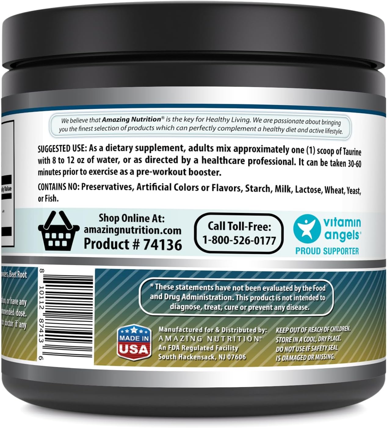 Amazing Nutrition Amazing Formulas Taurine Powder Supplement - 500 Grams (1.1 Lb) - 2000 mg Per Serving - Non-GMO - Gluten Free - Made in USA - Fruit Punch Flavor - 111 Servings